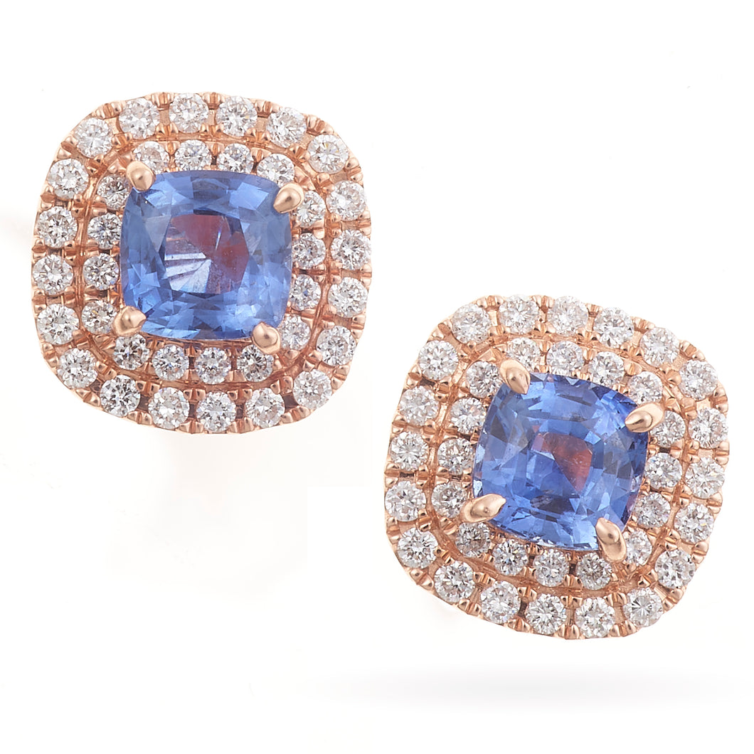 Cushion Cut Sapphire Stud Earrings with a Double Diamond Halo in 14k Rose Gold
