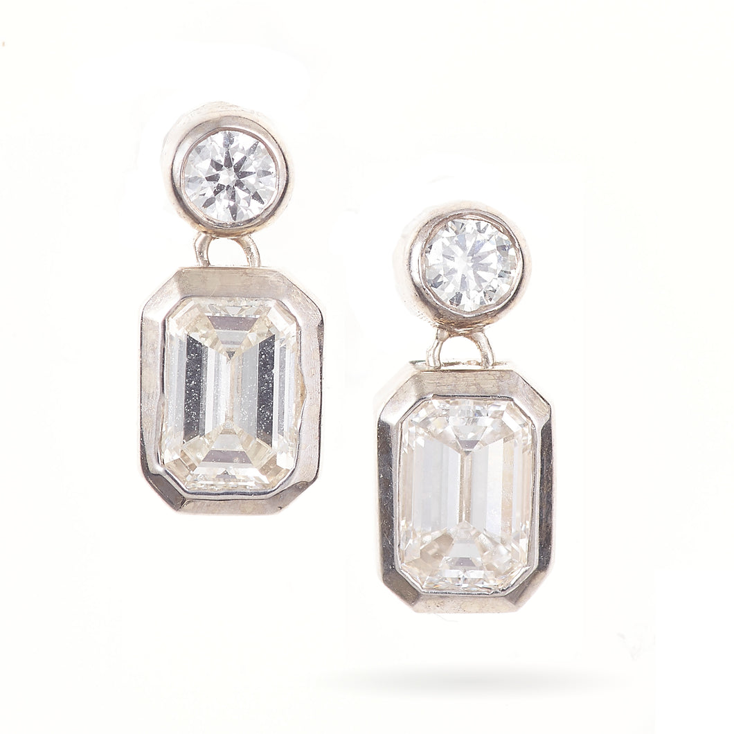 Bezel Set Diamond Round and Emerald Cut Mini-Dangles in 14k White Gold