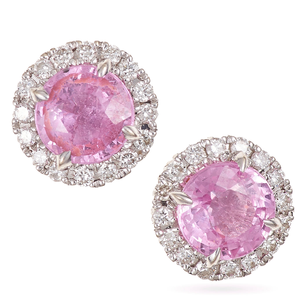 Custom-Made Pink Sapphire Stud Earrings with a Diamond Halo in 14k White Gold