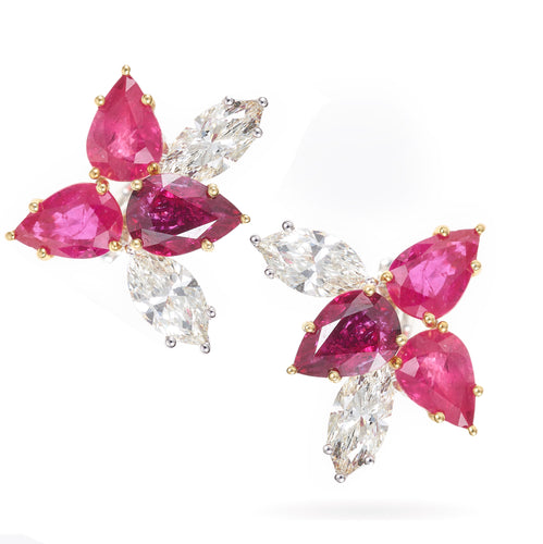 3 Carat Rubies and Diamonds Stud Earrings in 18k White and Yellow Gold