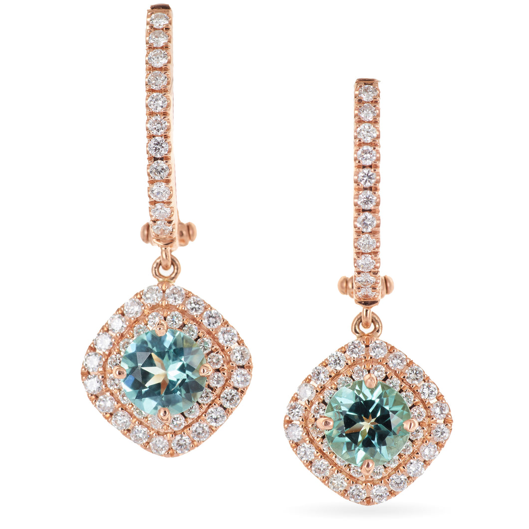 Custom-Made Paraiba Tourmaline Diamond Dangle Earrings in 14k Rose Gold