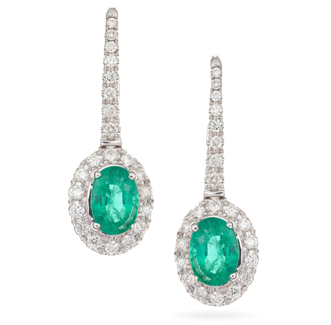 Emerald Dangle Earrings with Diamond Halo in 14k White Gold