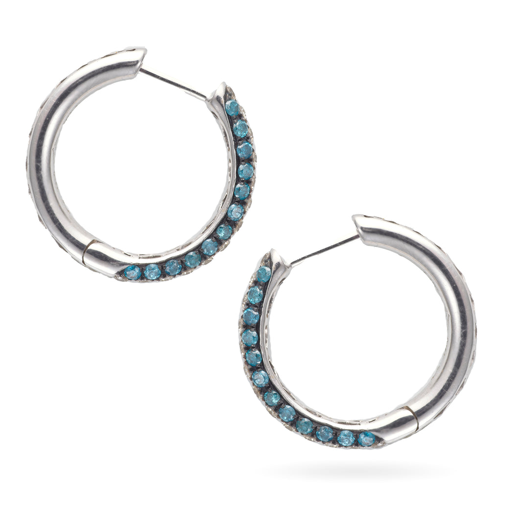 Blue Diamond Hoop Earrings in 14k White Gold