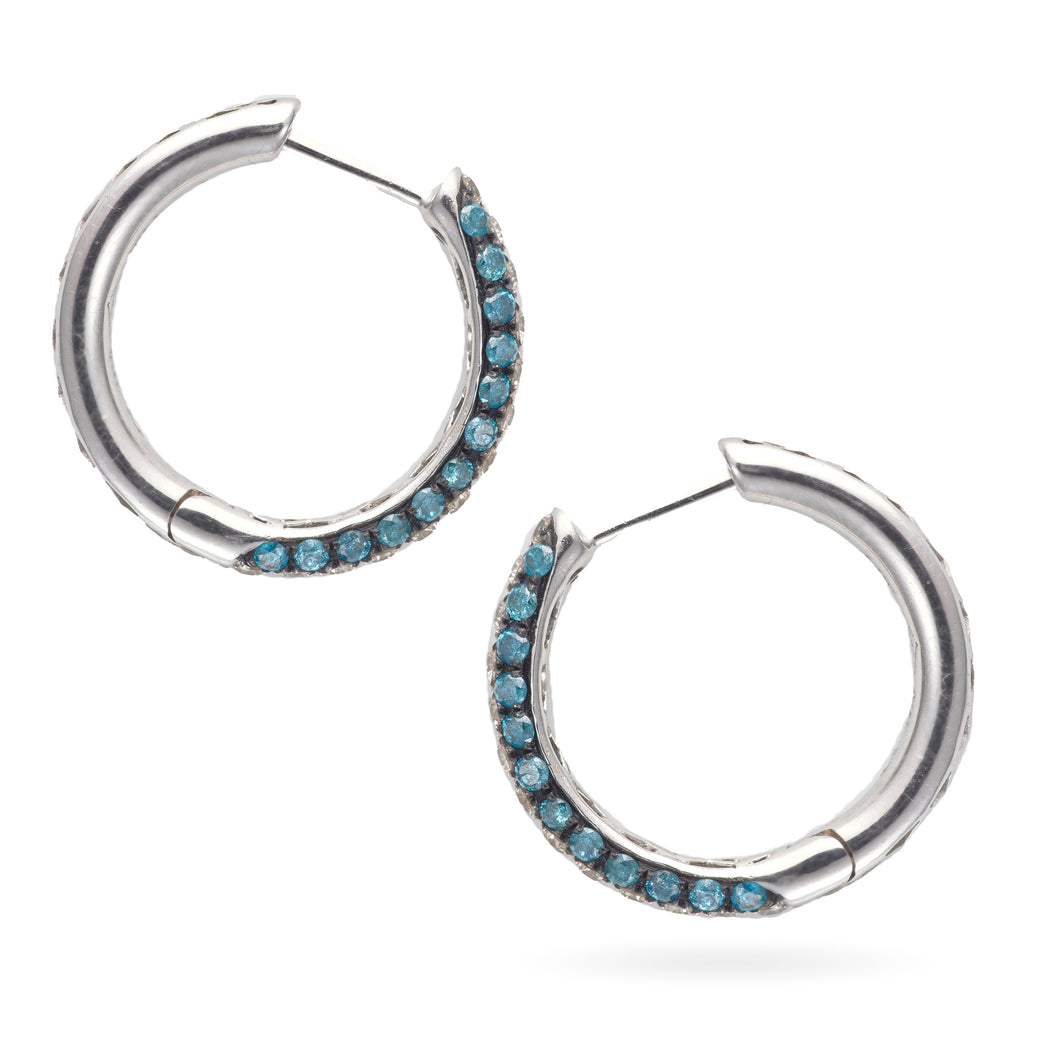 Custom-Made Blue Diamond Hoop Earrings in 14k White Gold
