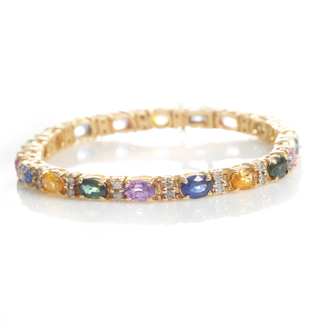 Custom-Made Diamond and Multicolor Sapphire Bracelet in 14k Yellow Gold