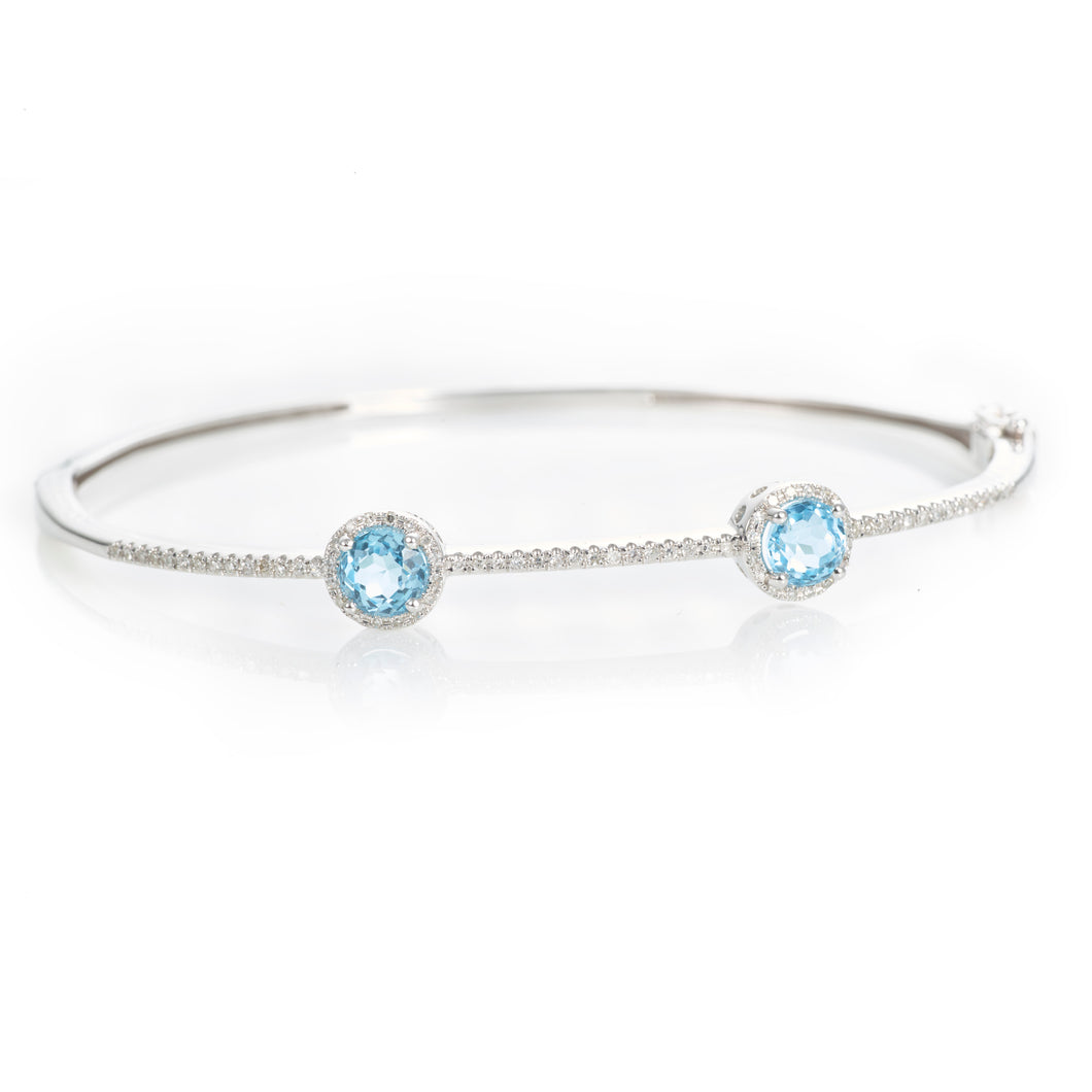 Custom-Made Diamond and Blue Topaz Bangle Bracelet in 14k White Gold