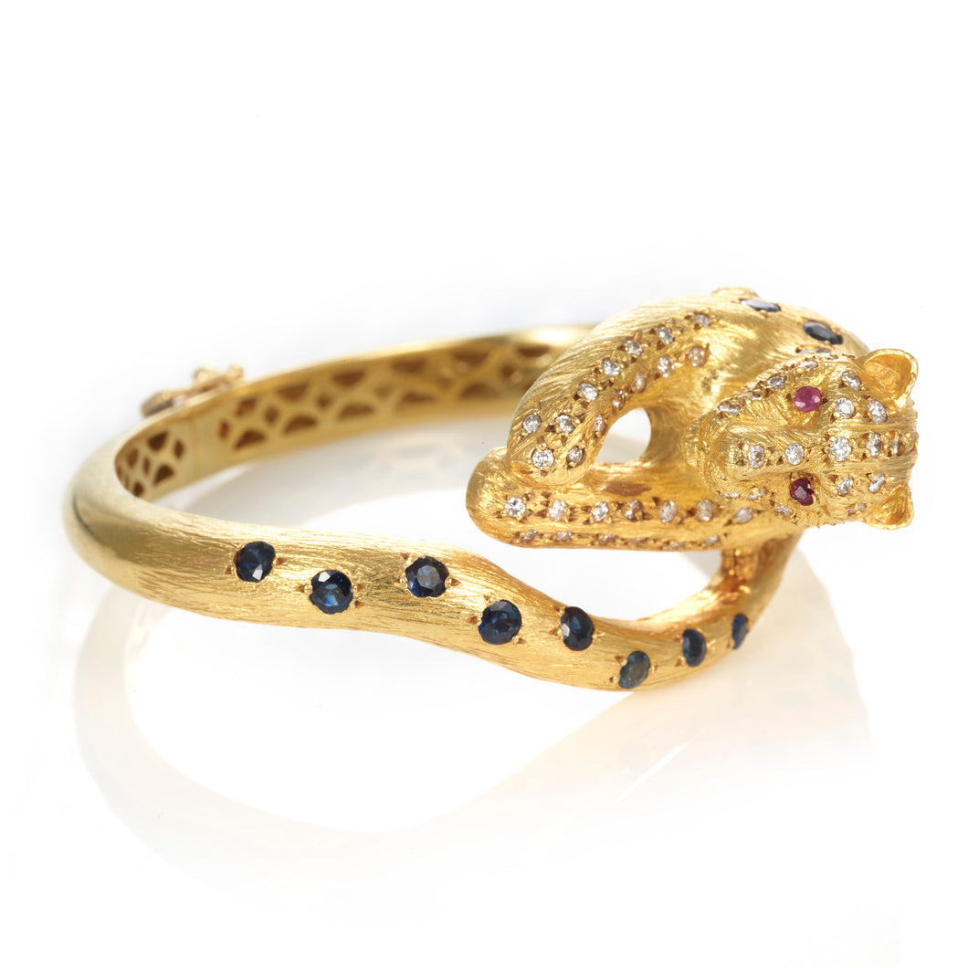Custom-Made 18k Yellow Gold Leopard Bracelet with Diamonds, Sapphires, and Rubies