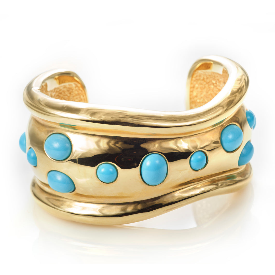 Custom-Made 14k Yellow Gold and Turquoise Cuff Bracelet