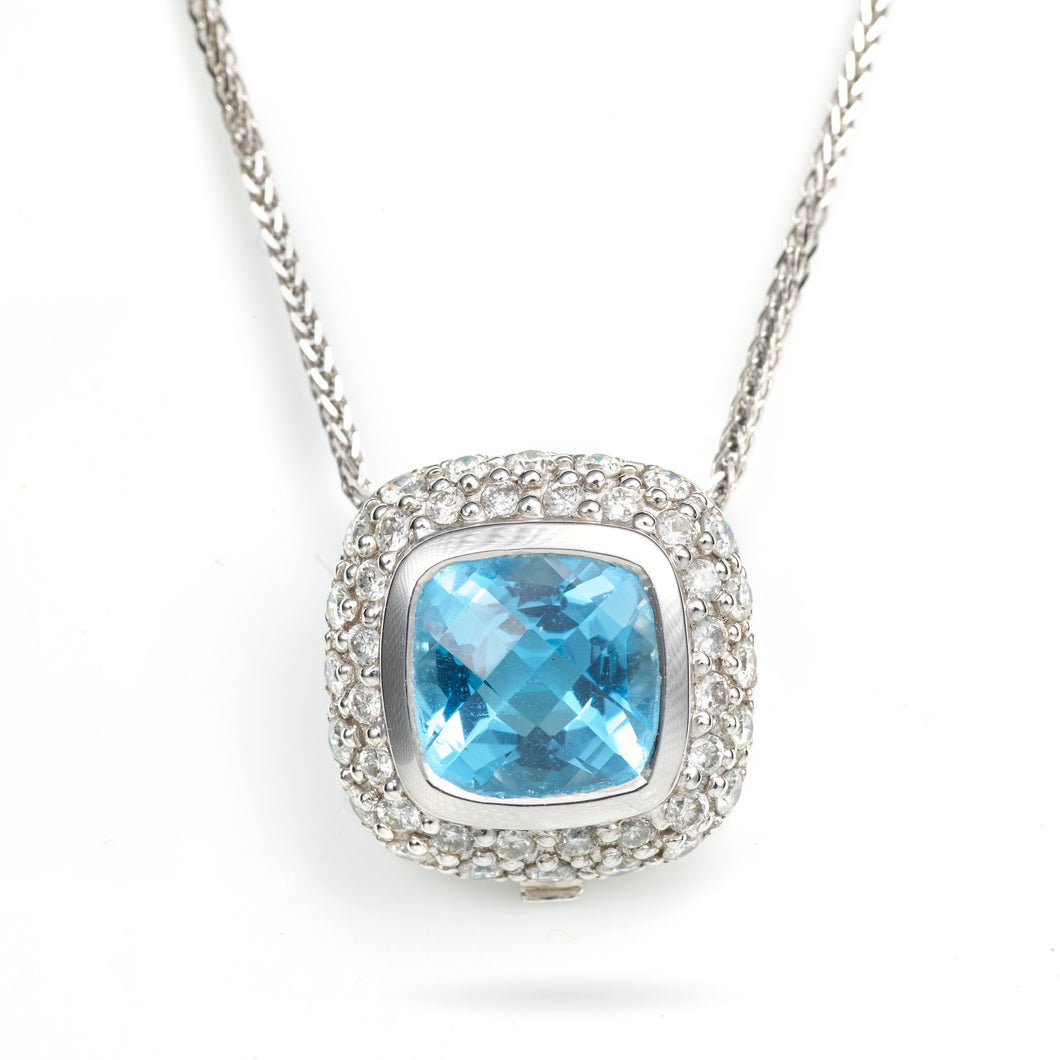 Blue Topaz and Pave Diamond Pendant in 14k White Gold