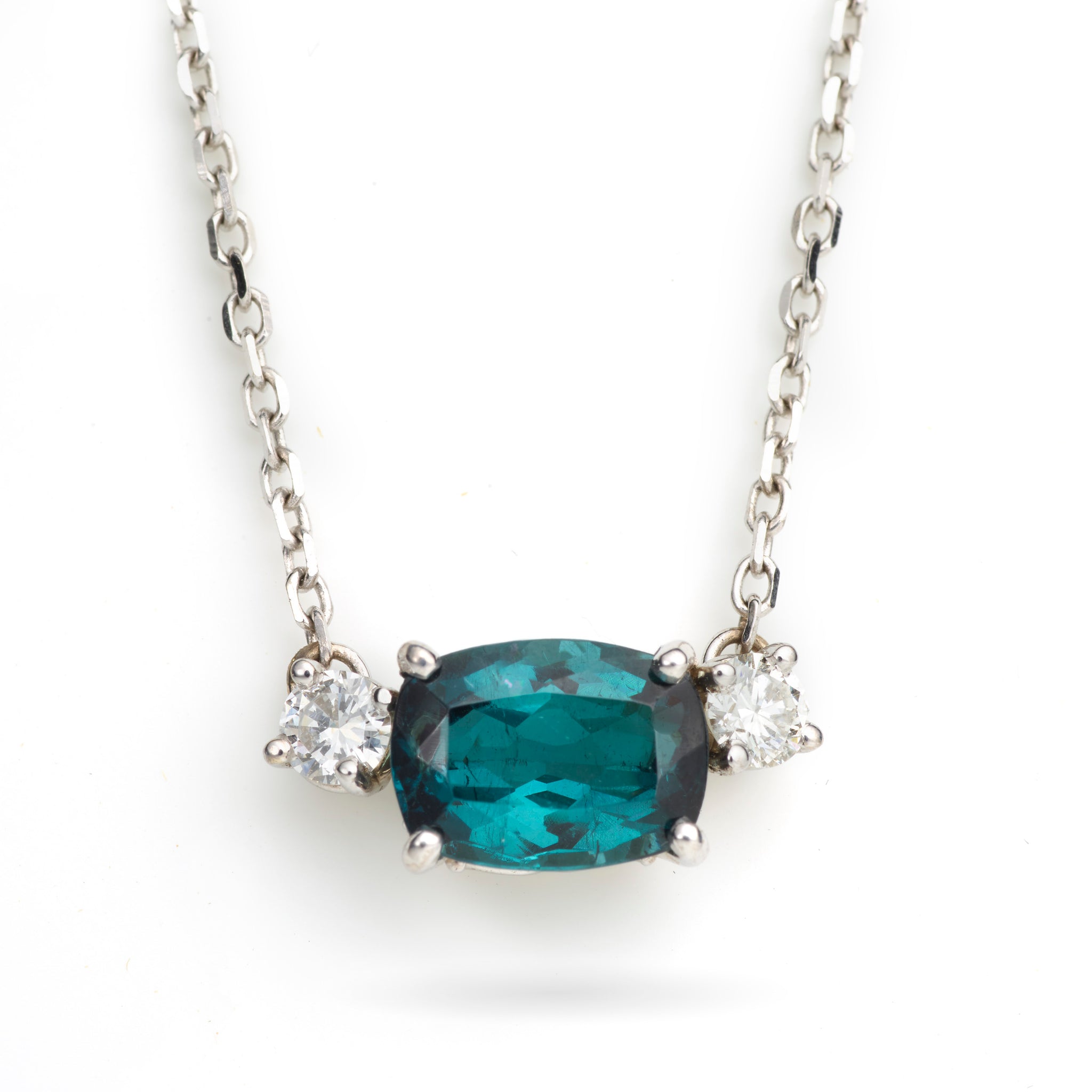 Custom-Made Oval Green Tourmaline and Diamond Necklace in 14k White Go