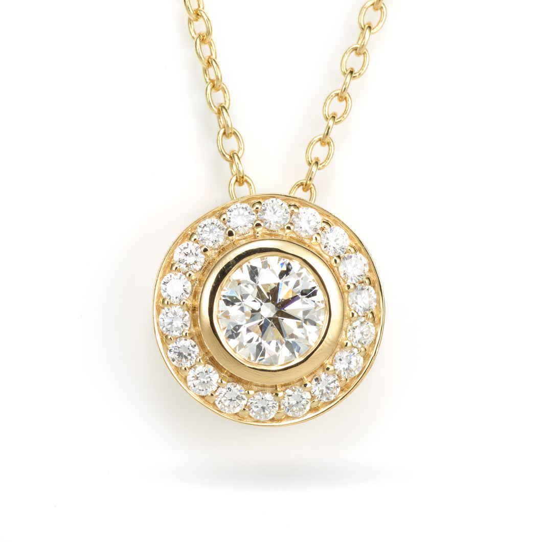 Custom-Made 18k Yellow Gold Bezel-Set Diamond Pendant with a Diamond Halo