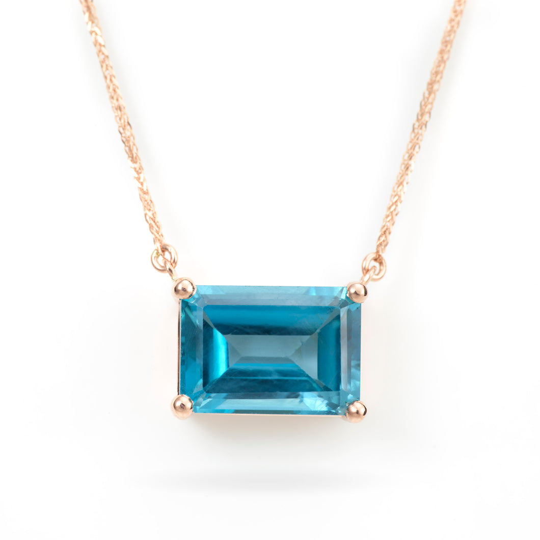 London Blue Topaz East-West Pendant on a 14k Rose Gold Chain