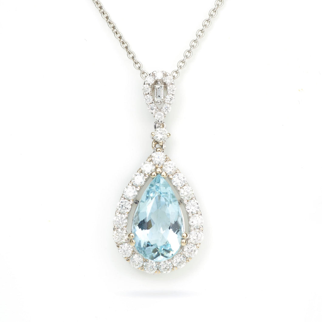 Custom-Made Pear Shape Aquamarine Pendant with Diamonds in 14k White Gold