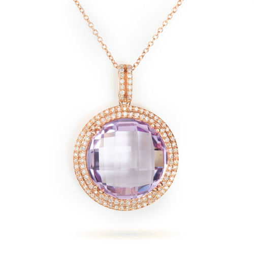 Amethyst Pendant with Diamond Halos in 14k Rose Gold