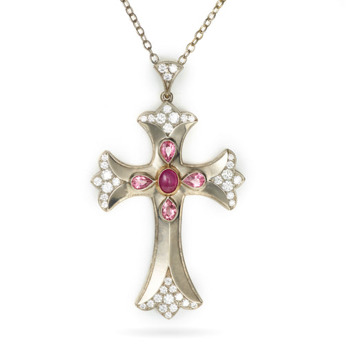 Gold Pink Sapphire and Diamond Cross Pendant