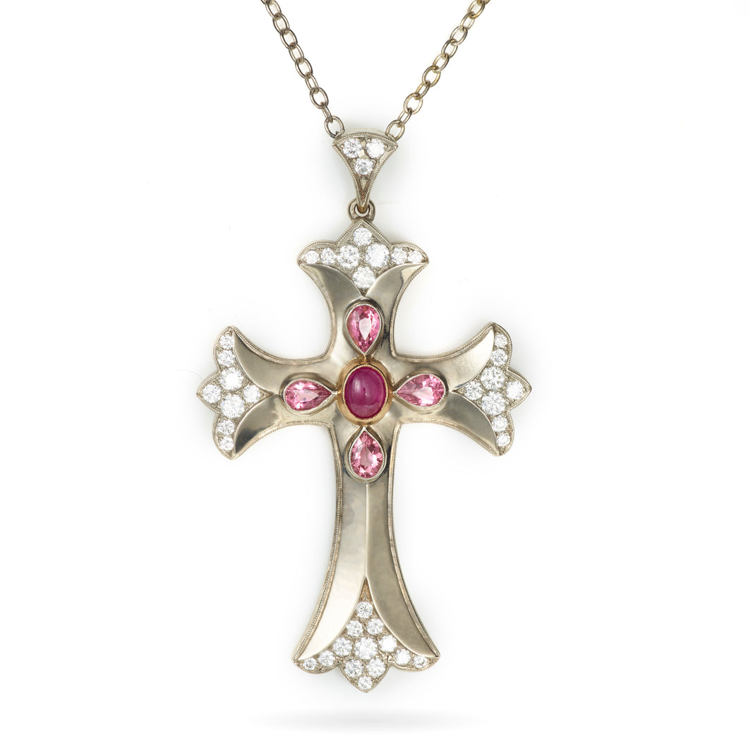 Gold Pink Sapphire and Diamond Cross Pendant