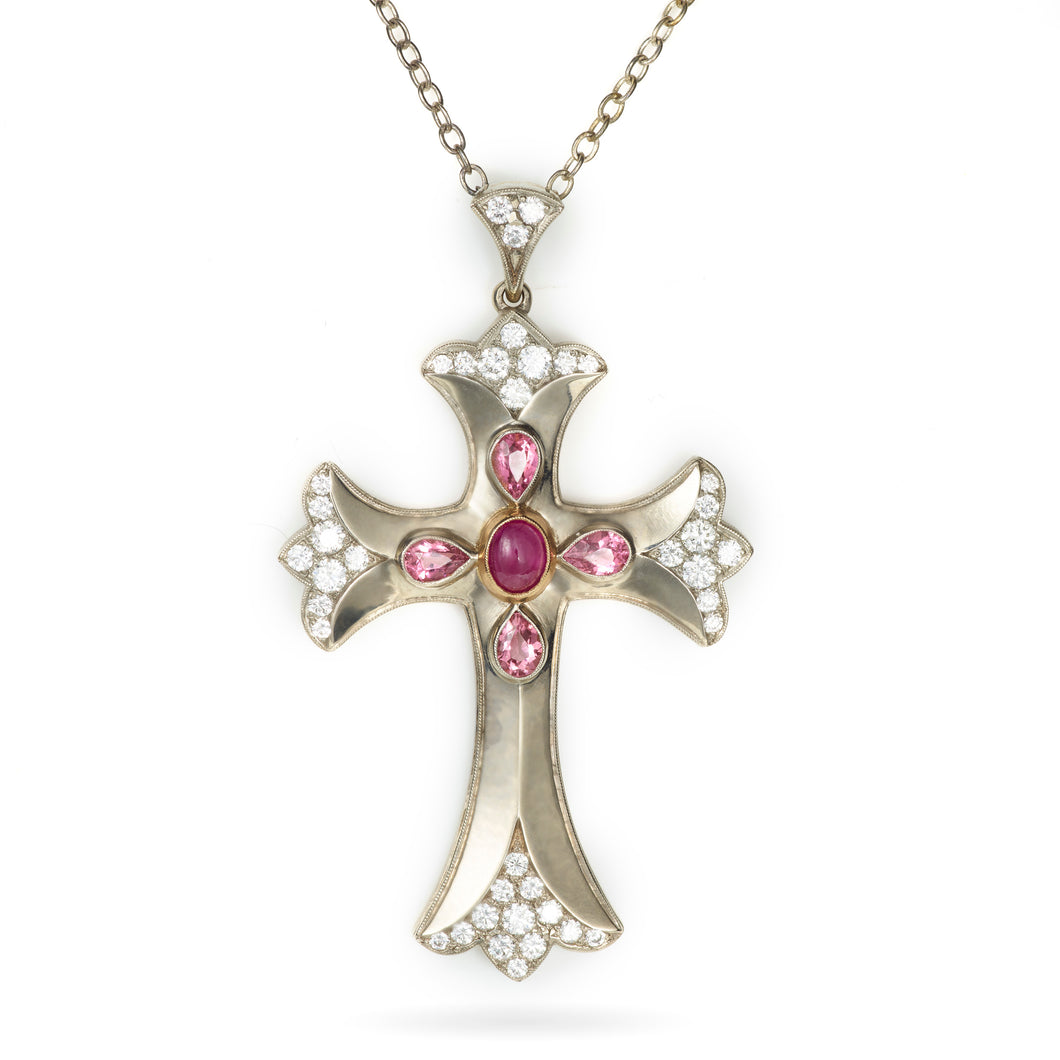 Custom-Made 2-Tone 14k Gold Pink Sapphire and Diamond Cross Pendant