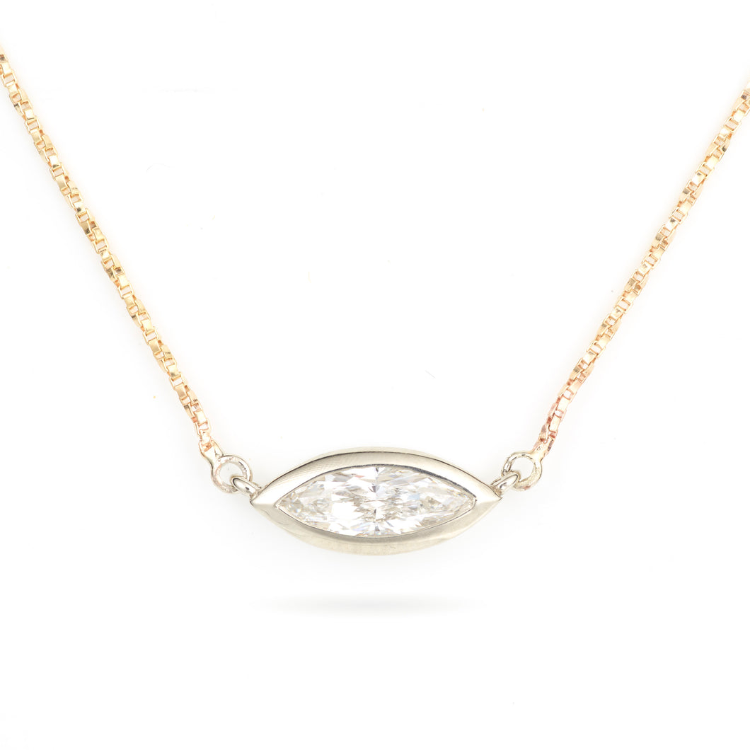 Bezel Set Marquise Diamond Necklace in 14k White and Yellow Gold