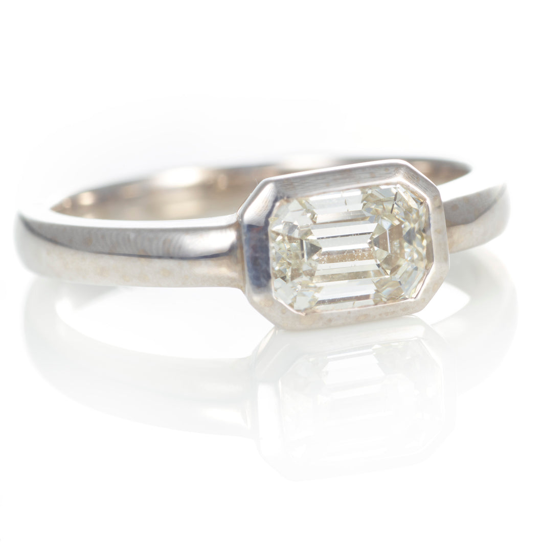 Custom-Made East-to-West Bezel Set Emerald Cut Diamond Ring in 14k White Gold
