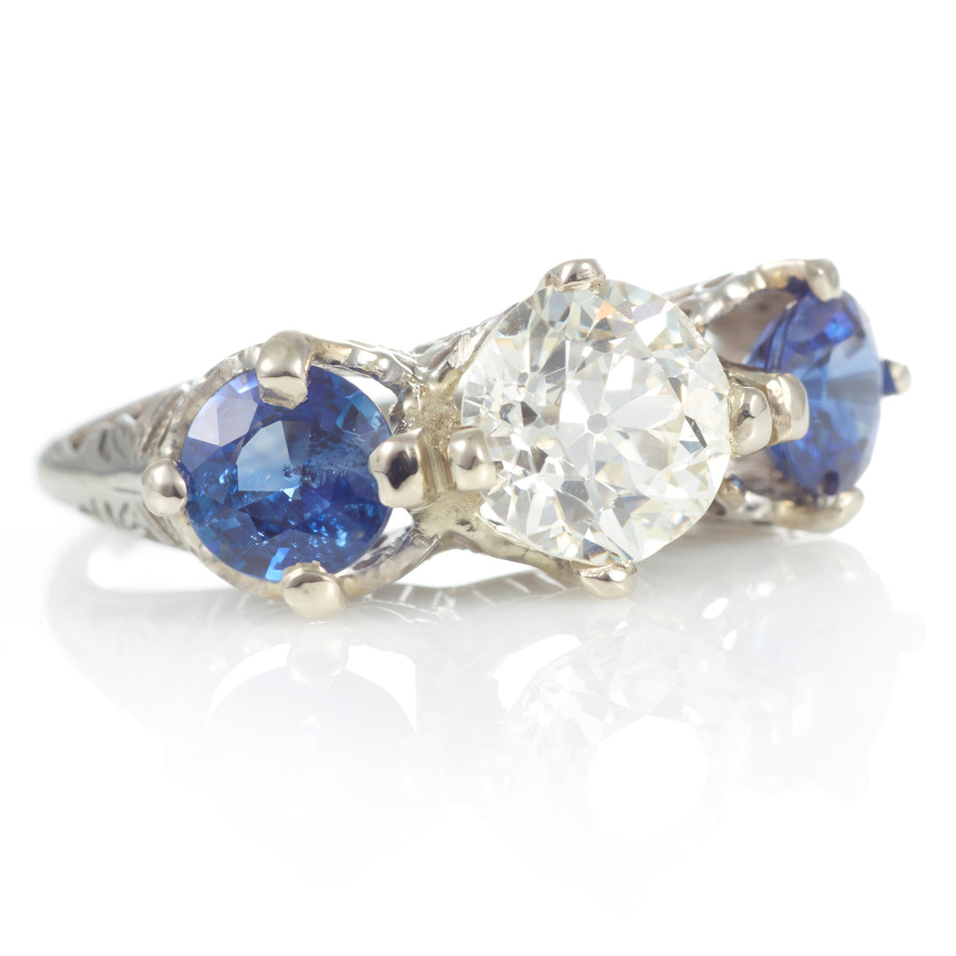 Vintage 18k White Gold Diamond Ring with Sapphires