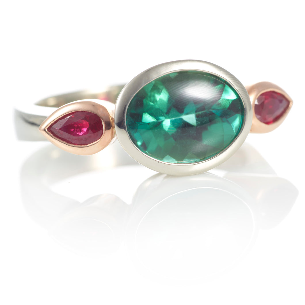 Custom-Made Green Tourmaline and Ruby Ring in 14k Rose and White Gold
