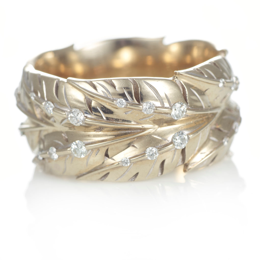 Custom-Made Leaf Design Eternity Ring with Diamonds in 14k Yellow Gold
