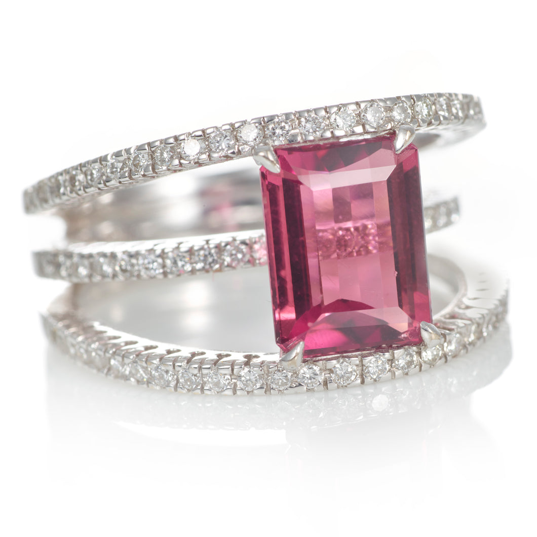 Custom-Made Emerald Cut Pink Tourmaline Diamond Ring