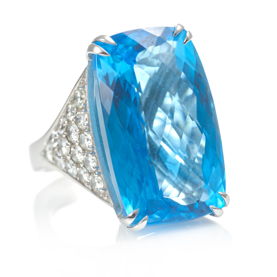 Custom-Made 20 Carat Blue Topaz and Diamond Cocktail Ring in 14k White Gold