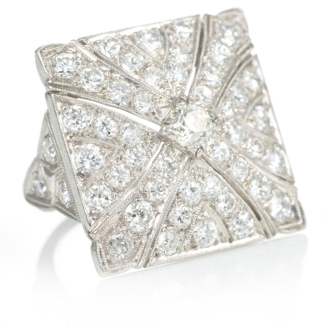 Square Shaped Vintage Old European Cut Cocktail Ring in Platinum