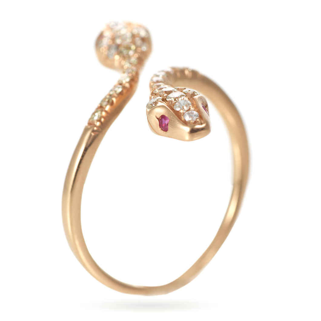 Rose Gold Snake Ring with Ruby Eyes