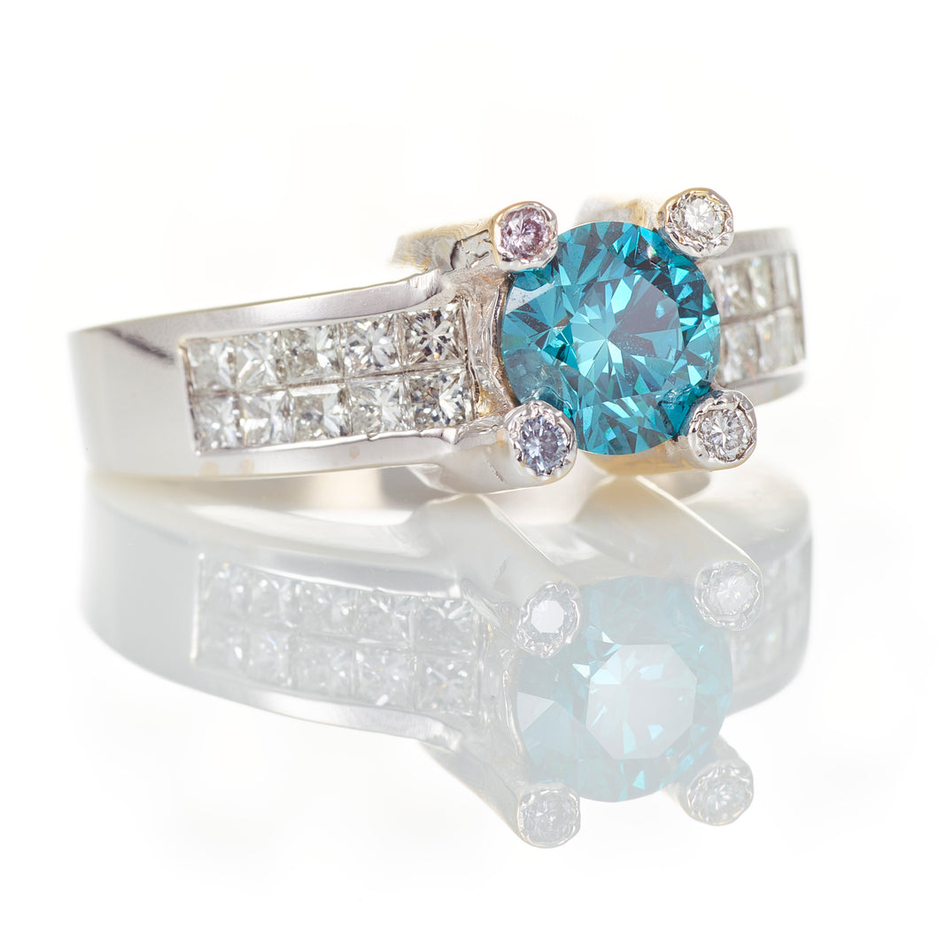 Round Blue Diamond Engagement Ring in 14k White Gold