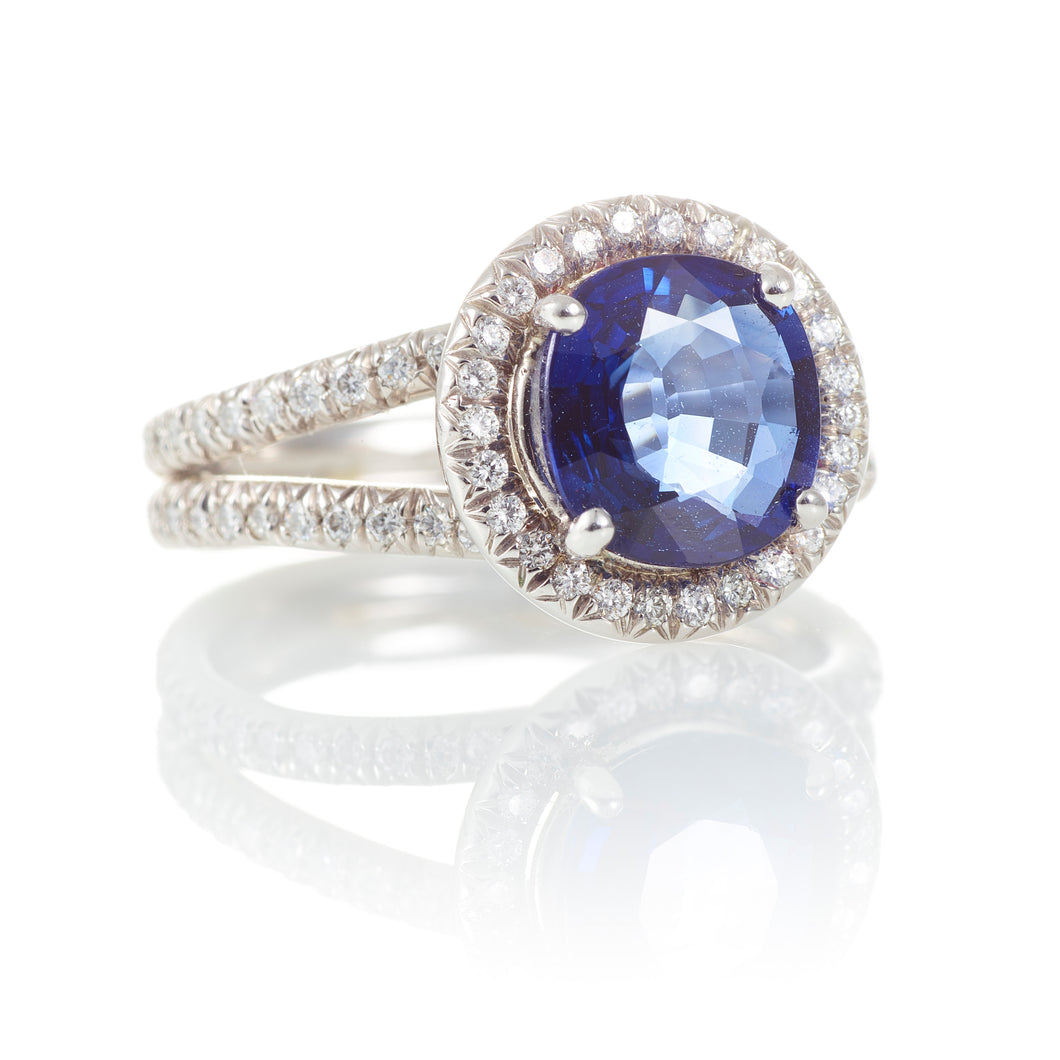 Blue Sapphire Ring with Diamond Halo and Split Shank in Platinum