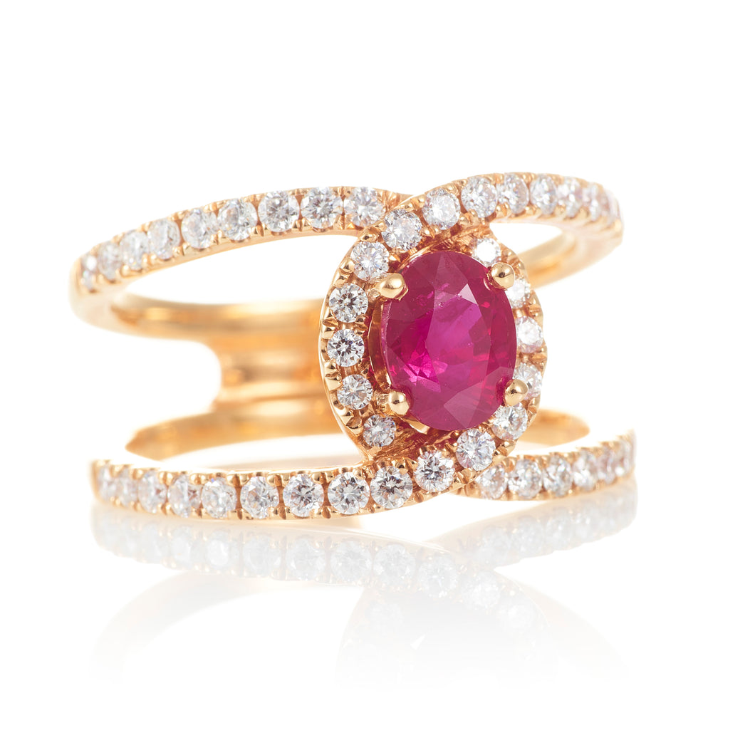 Oval Ruby and Diamond Twist Cocktail Ring made in 18k Rose Gold