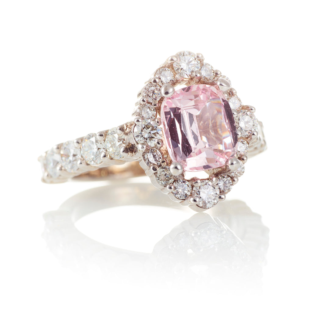 Untreated Light Pink Sapphire Ring with Diamond Halo in 14k White Gold