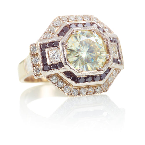 White Gold Moissanite and Black Diamond Ring Art Deco Style