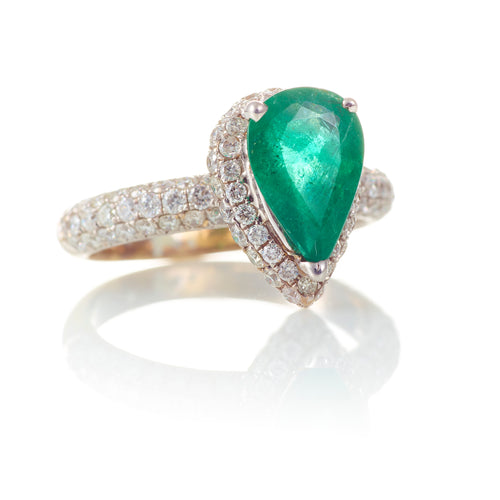 Pear Shape Emerald Ring with Pave Diamonds