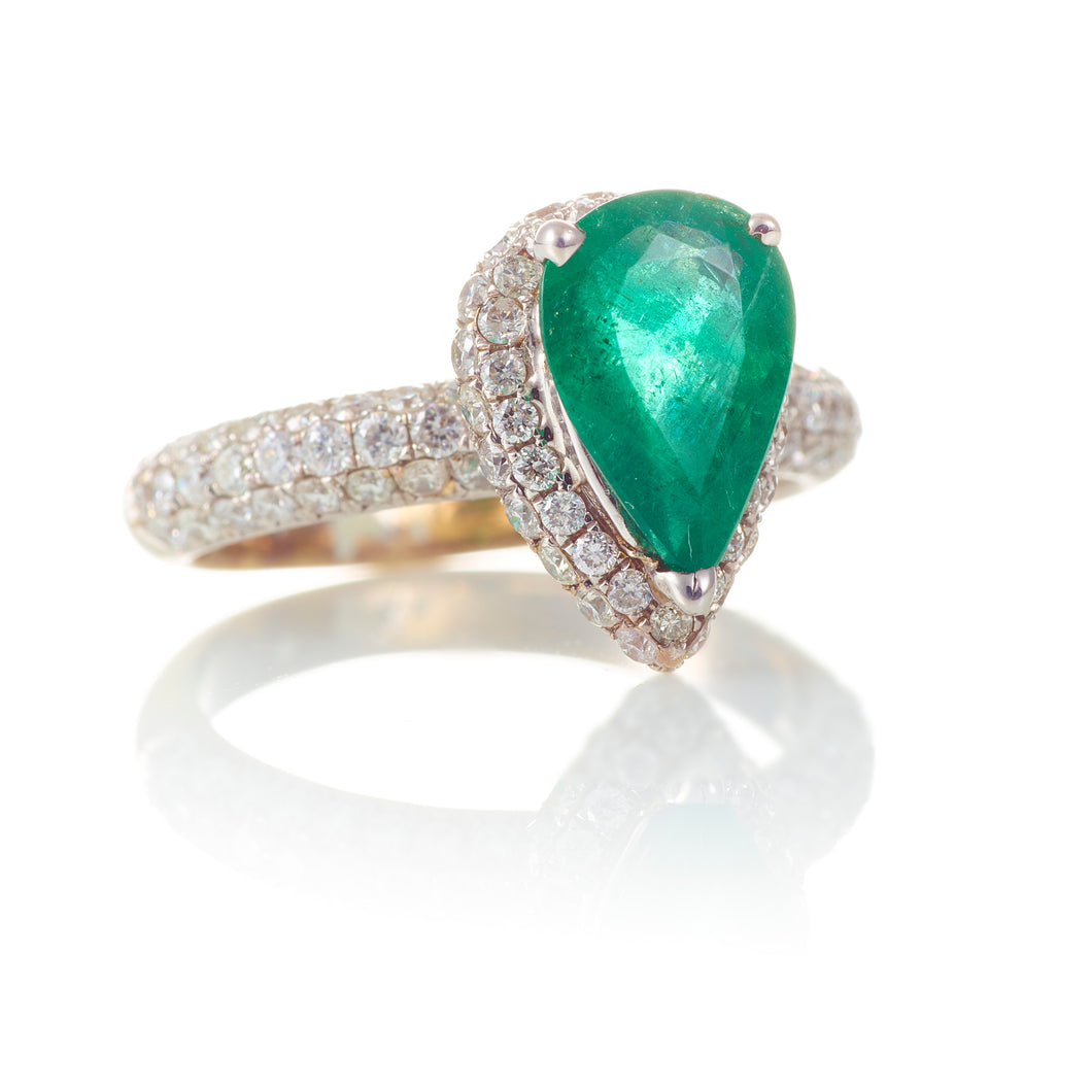 Pear Shape Emerald Ring with Pave Diamonds in 14k White Gold