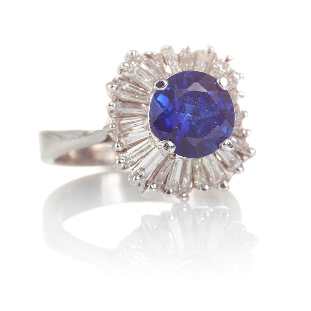 Blue Sapphire and Baguette Diamond Ballerina Ring in 18k White Gold