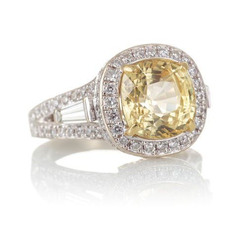 Cushion Cut Yellow Sapphire and Diamond Ring in 14k White Gold