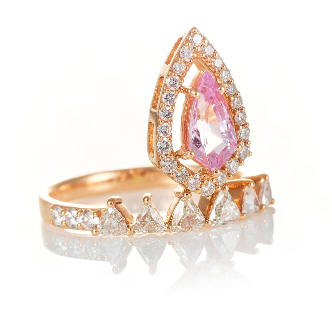 18K Rose Gold Key Cut Pink Sapphire and Trillion Diamond Fashion Ring