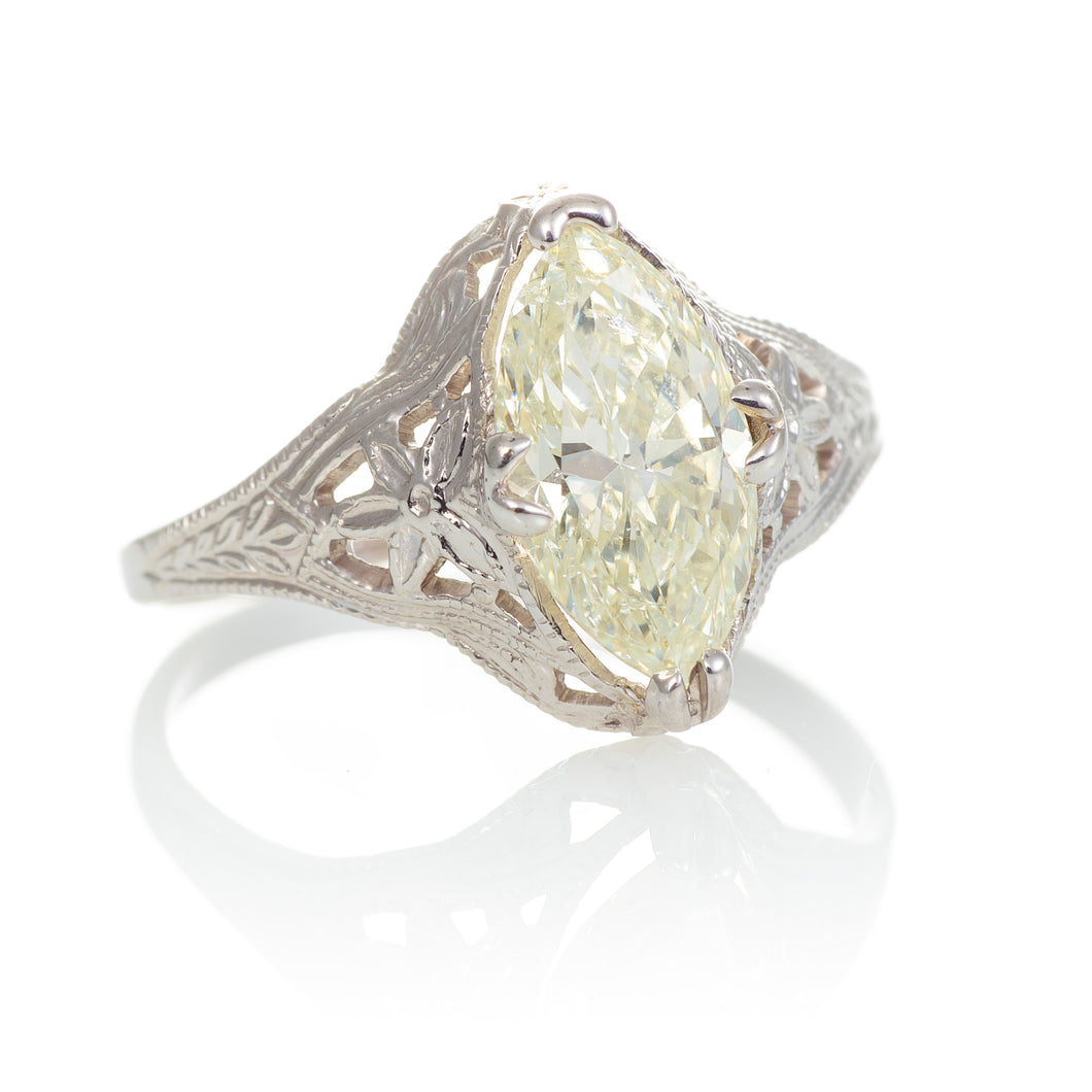 Carat Marquise Diamond Ring in White Gold with Floral Filigree