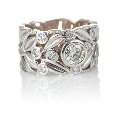 Bezel Set Diamond Wide Ring with Floral Designs in 14k White Gold