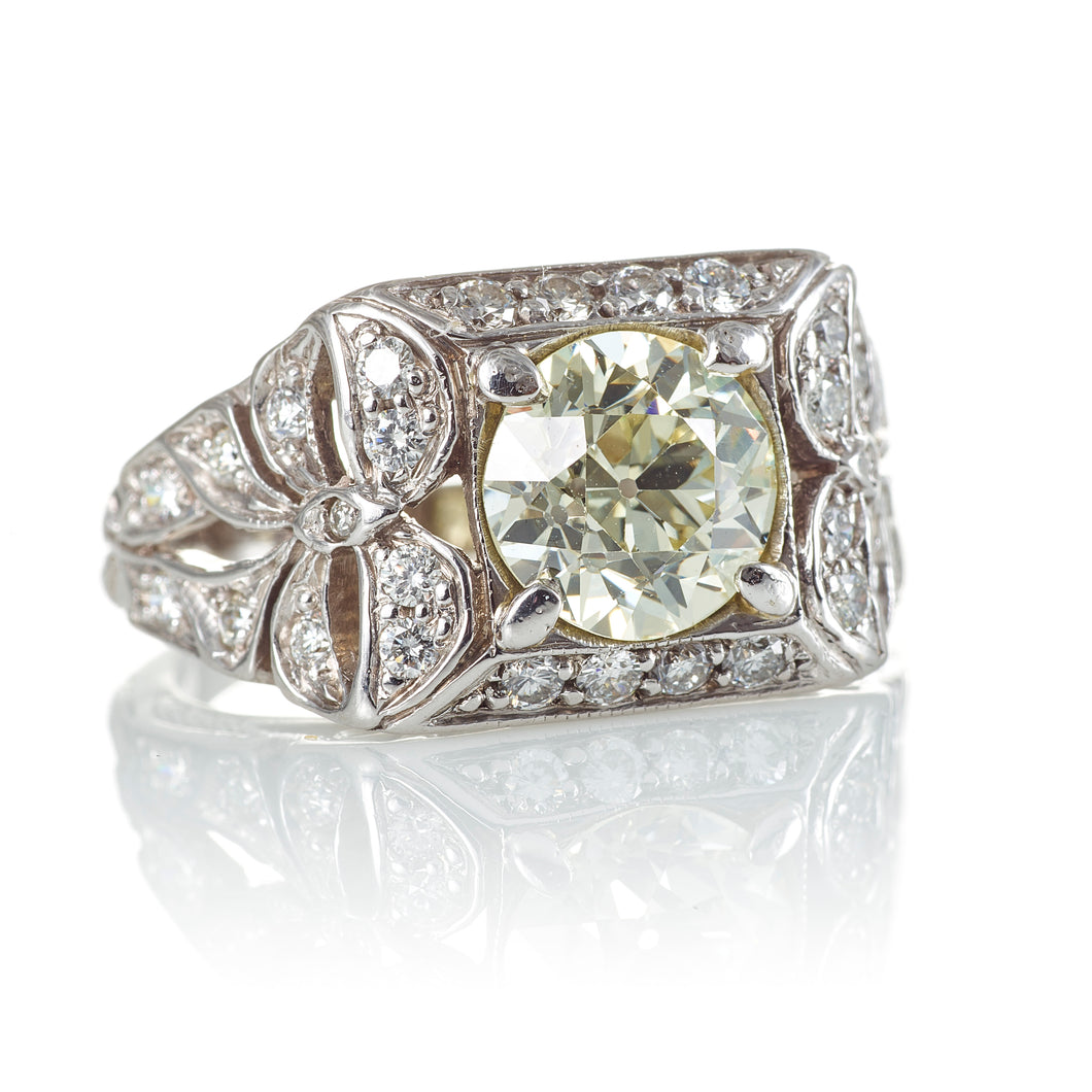 Old European Cut Diamond Ring with Ribbon Side Designs