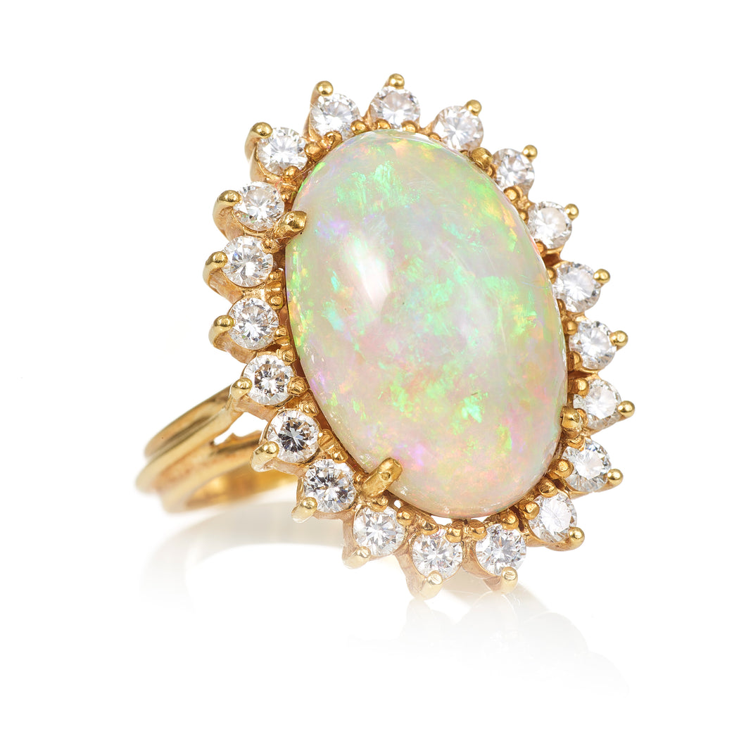 Vintage Opal Ballerina Diamond Halo Ring in 18k Yellow Gold