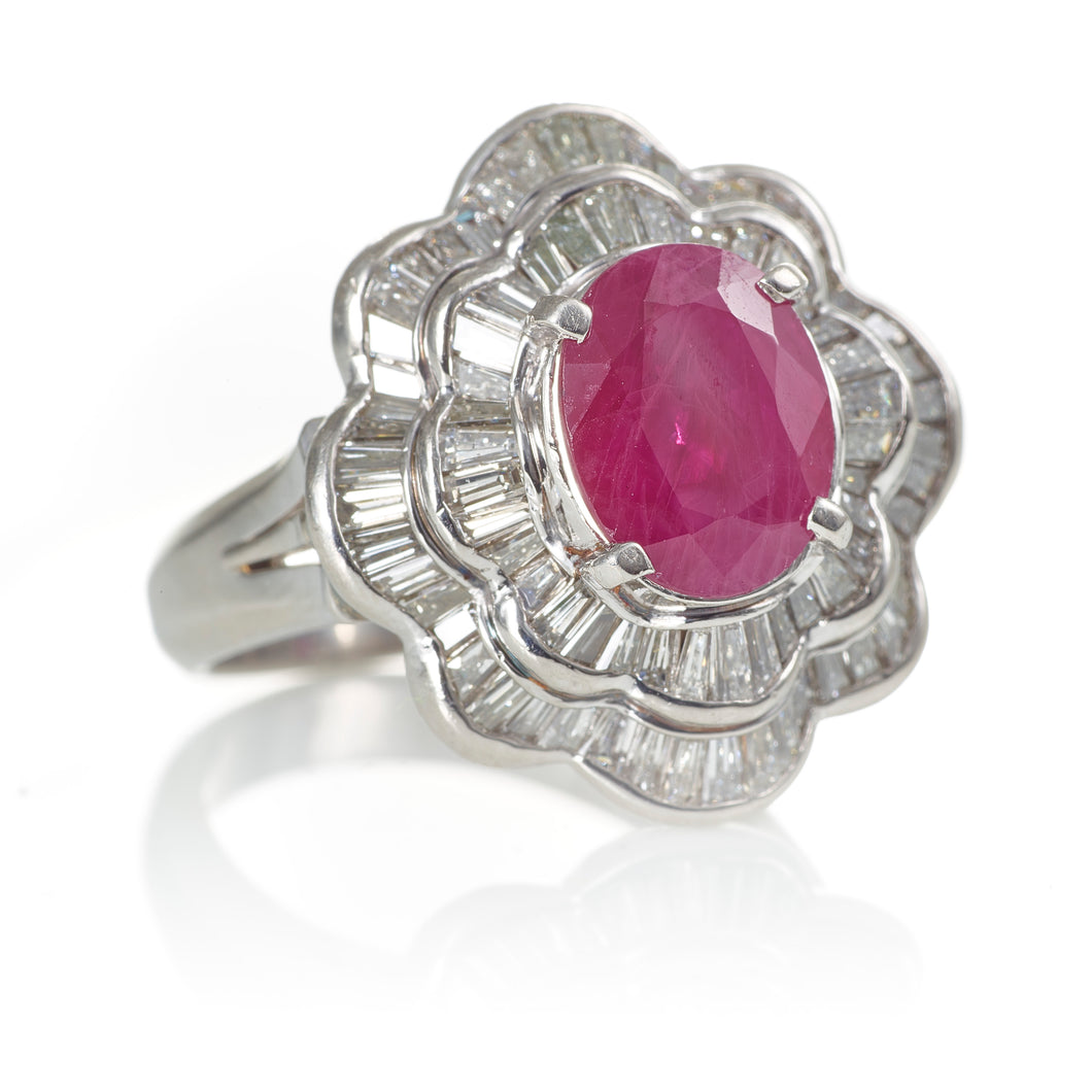 Oval Ruby Ring with Baguette Diamonds