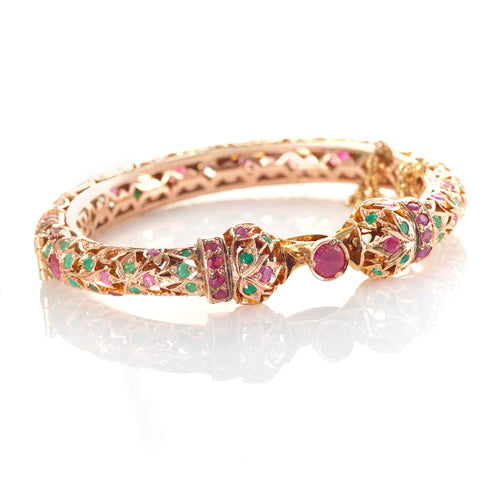 Emerald and Ruby Carved 14k Rose Gold Bangle Bracelet