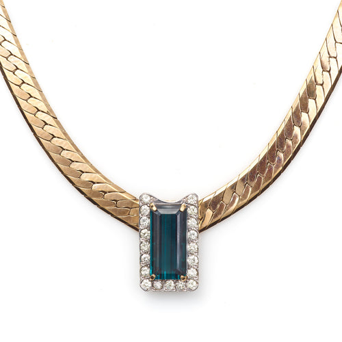 Vintage Green Indicolite Tourmaline Diamond Necklace