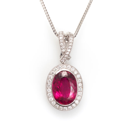 Pink Rubellite Tourmaline and Diamond Pendant Necklace in 14k White Gold