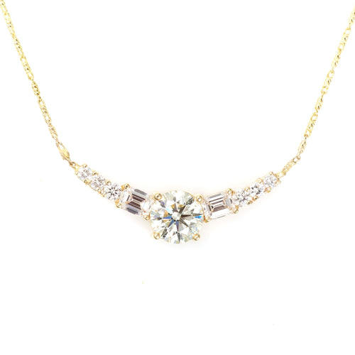 14K Yellow Gold Round and Baguette Diamond Necklace