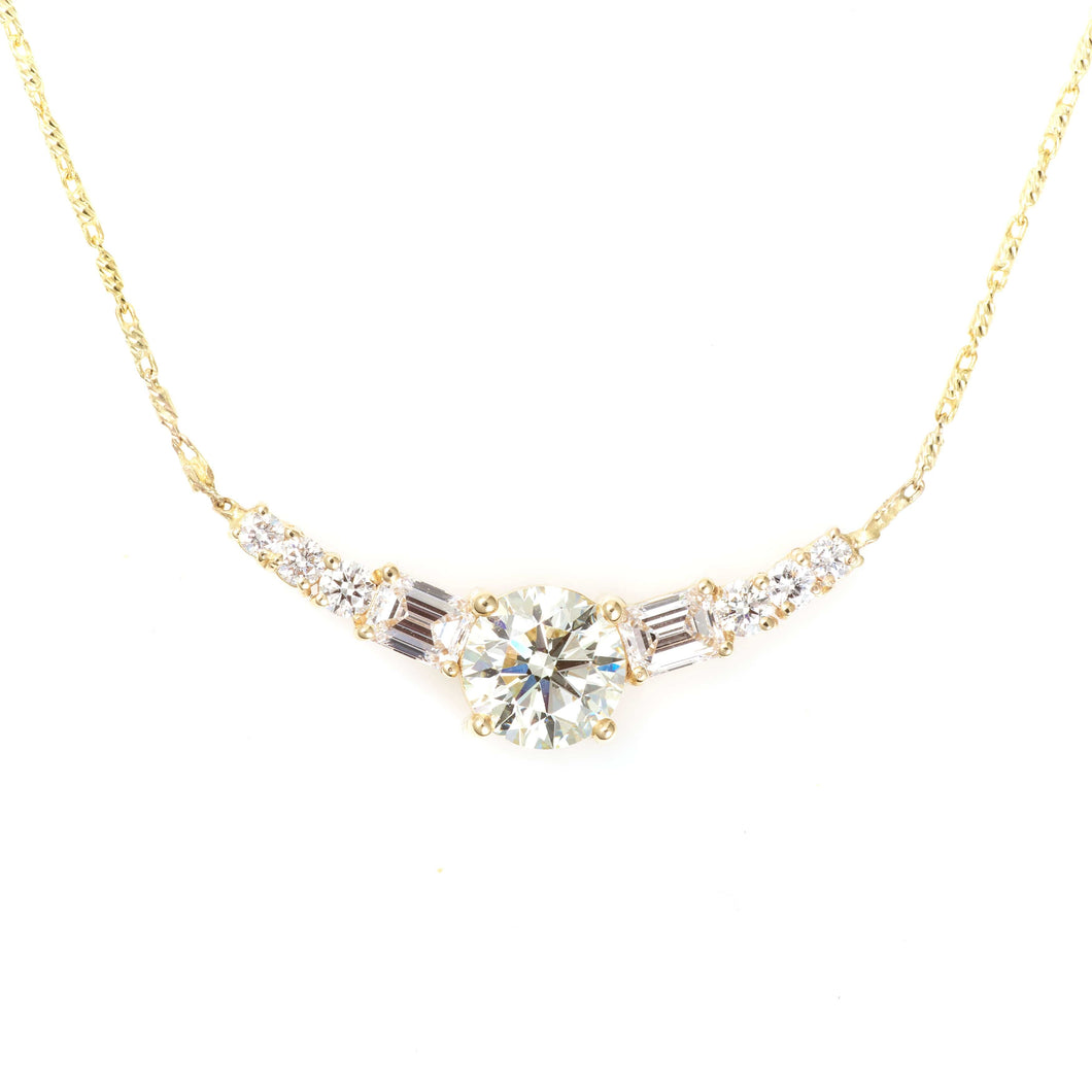 14K Yellow Gold Round and Baguette Diamond Necklace